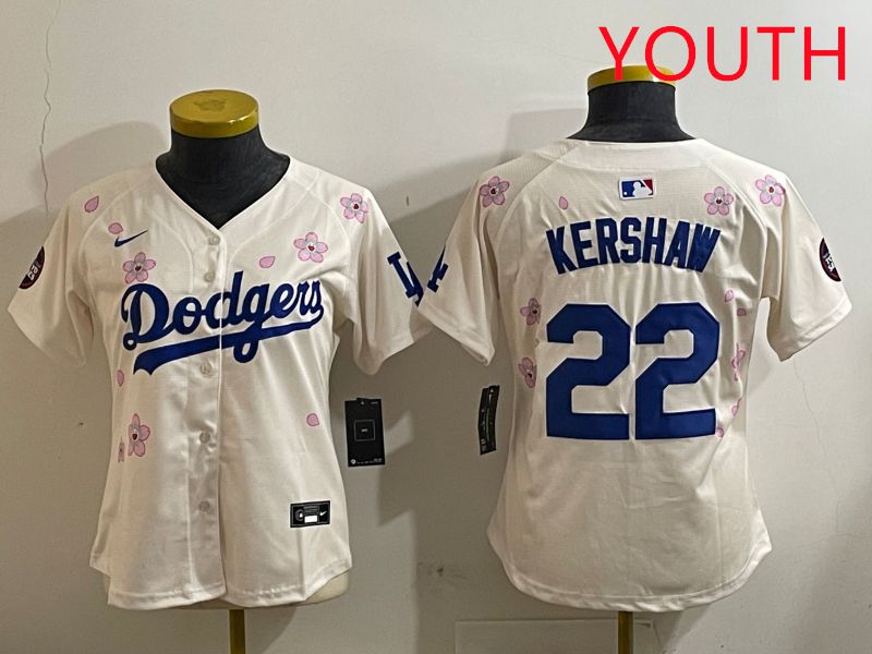 Youth Los Angeles Dodgers 22 Kershaw Cream Sakura Edition 2025 Nike MLB Jersey style 5